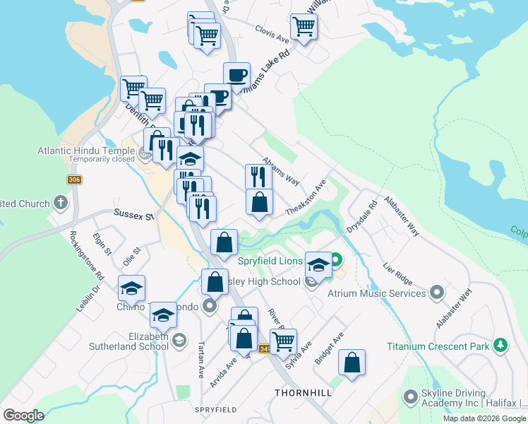 map of restaurants, bars, coffee shops, grocery stores, and more near 56 Pine Grove Drive in Halifax