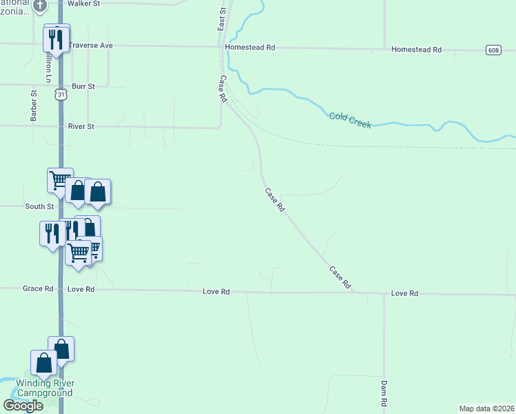 map of restaurants, bars, coffee shops, grocery stores, and more near 1432-1480 Case Road in Benzonia