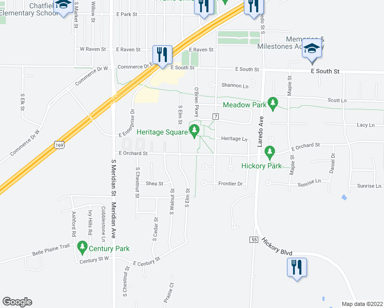 map of restaurants, bars, coffee shops, grocery stores, and more near 444 East Orchard Street in Belle Plaine