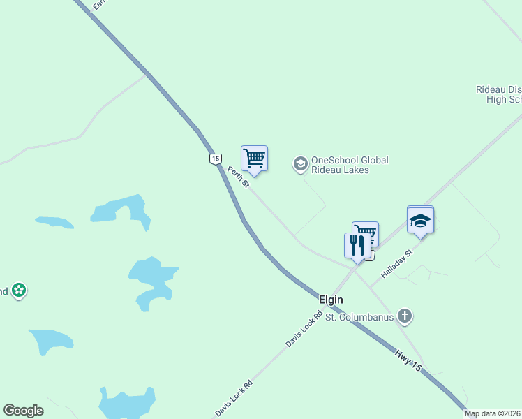 map of restaurants, bars, coffee shops, grocery stores, and more near 106 Perth Street in Elgin