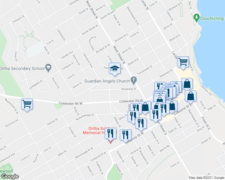 map of restaurants, bars, coffee shops, grocery stores, and more near 63 Penetang Street in Orillia