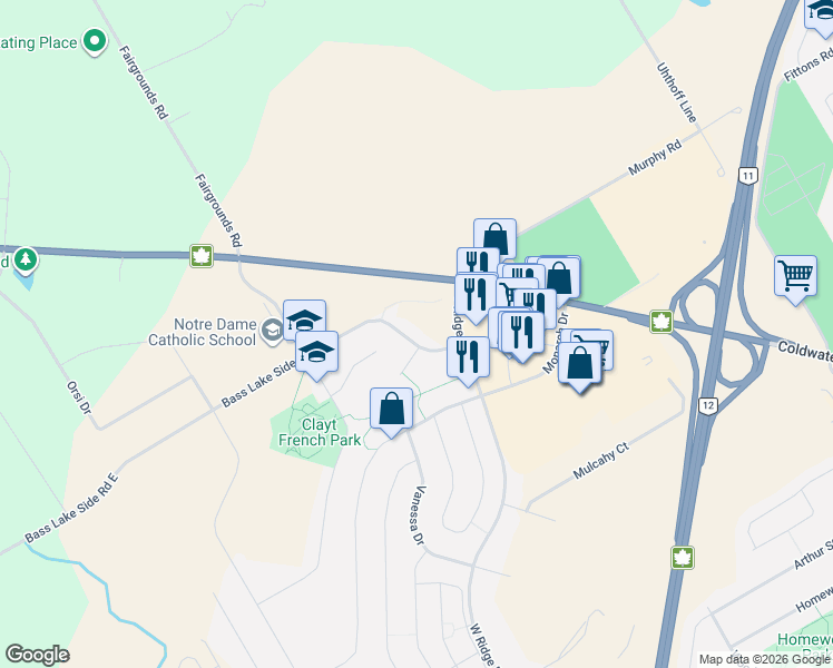 map of restaurants, bars, coffee shops, grocery stores, and more near 3198 Bass Lake Side Road East in Orillia