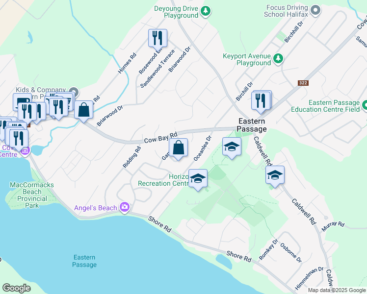 map of restaurants, bars, coffee shops, grocery stores, and more near 71 Blockade Circle in Eastern Passage