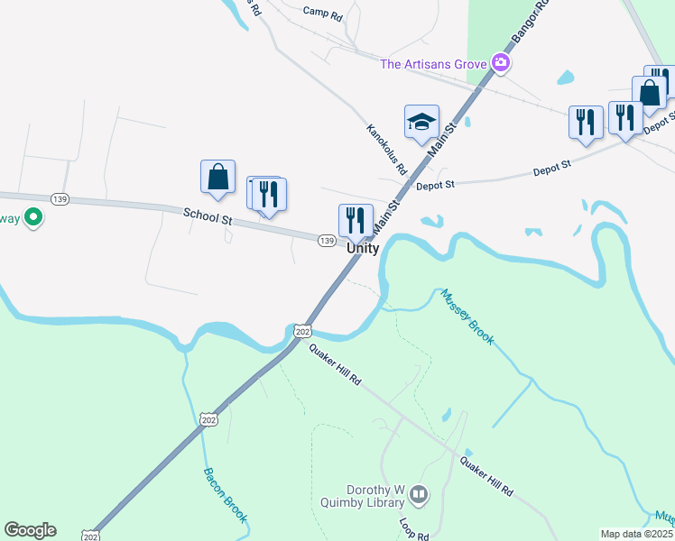 map of restaurants, bars, coffee shops, grocery stores, and more near 80 Main Street in Unity