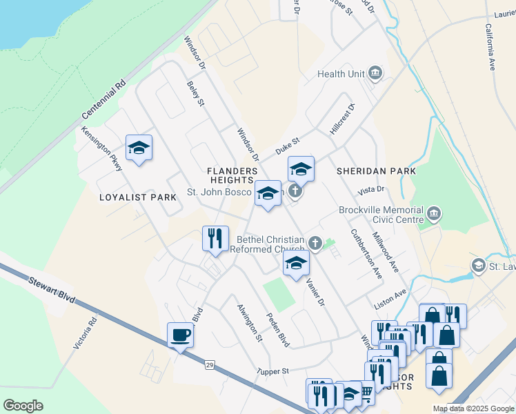 map of restaurants, bars, coffee shops, grocery stores, and more near 665 Laurier Boulevard in Brockville