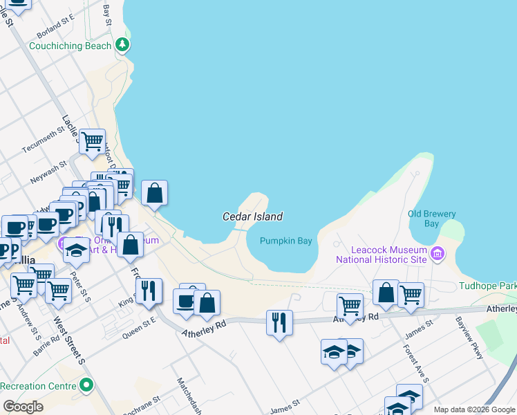 map of restaurants, bars, coffee shops, grocery stores, and more near 187 Cedar Island Road in Orillia