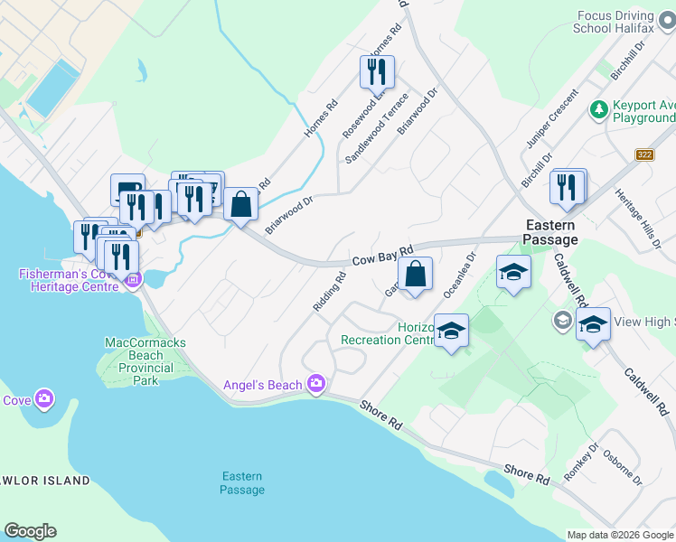 map of restaurants, bars, coffee shops, grocery stores, and more near 22 Ridding Road in Eastern Passage