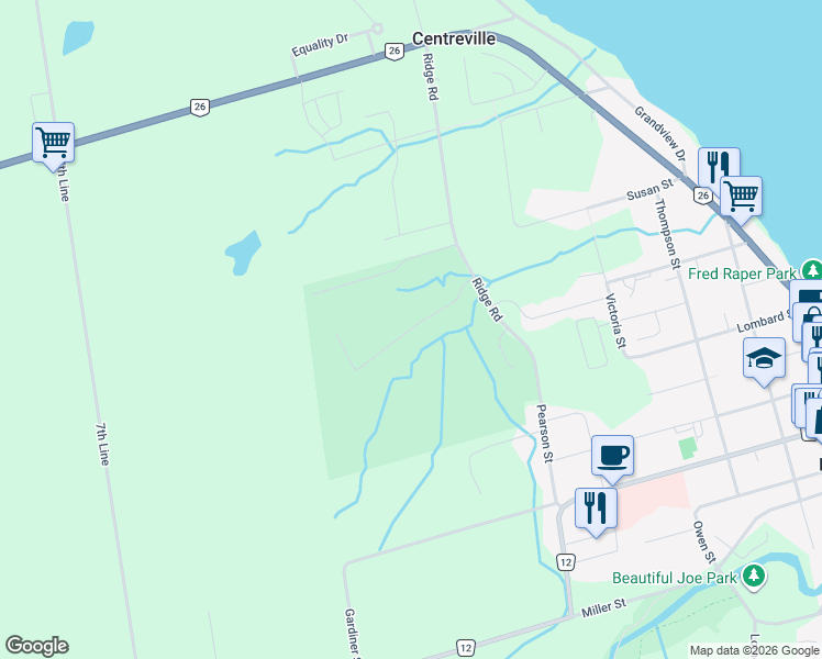 map of restaurants, bars, coffee shops, grocery stores, and more near Hilton Lane in Meaford