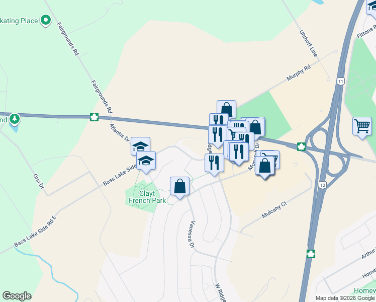 map of restaurants, bars, coffee shops, grocery stores, and more near 3196 Bass Lake Side Road East in Orillia