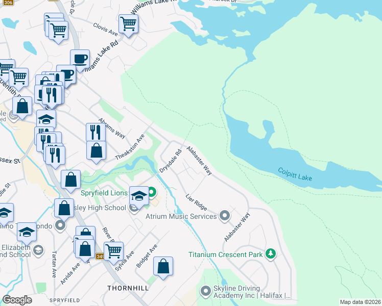 map of restaurants, bars, coffee shops, grocery stores, and more near 17 Alabaster Way in Halifax