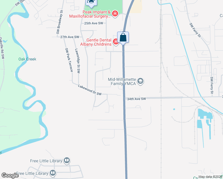 map of restaurants, bars, coffee shops, grocery stores, and more near 3275 Willetta Place Southwest in Albany