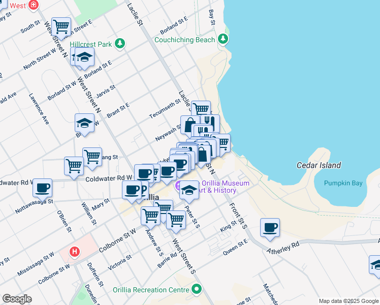 map of restaurants, bars, coffee shops, grocery stores, and more near 32 Matchedash Street North in Orillia