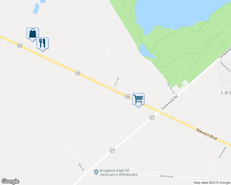 map of restaurants, bars, coffee shops, grocery stores, and more near Hwy 401 & County Rd 29 in Brockville