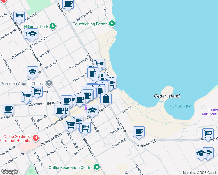 map of restaurants, bars, coffee shops, grocery stores, and more near in Orillia