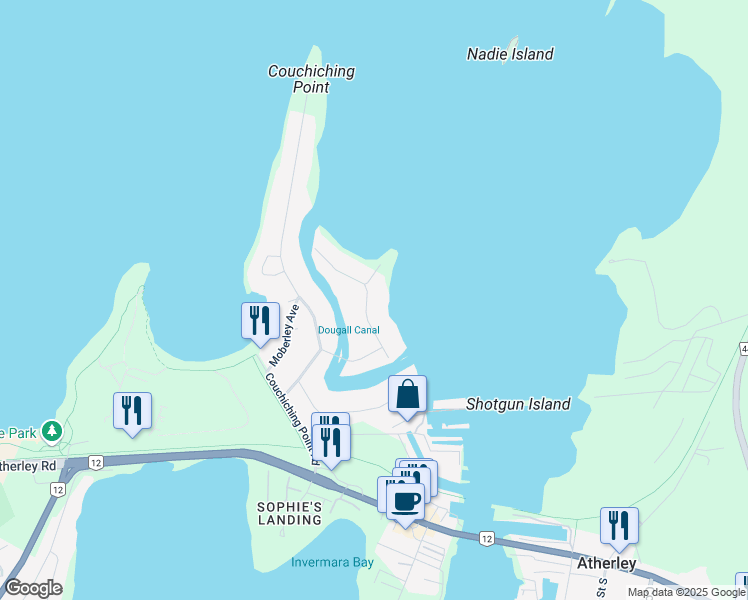 map of restaurants, bars, coffee shops, grocery stores, and more near 655 Glen Crescent in Orillia
