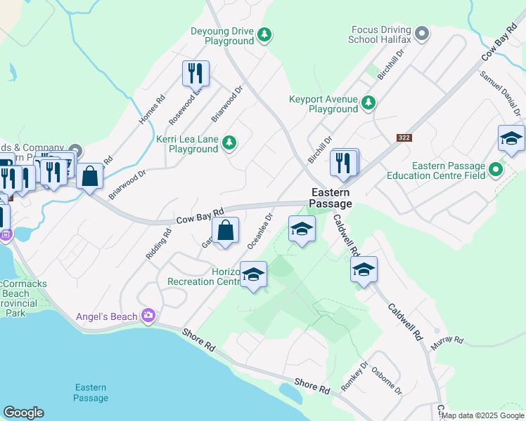 map of restaurants, bars, coffee shops, grocery stores, and more near 301 Cow Bay Road in Eastern Passage
