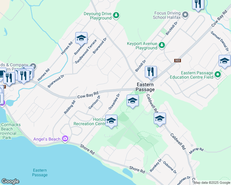 map of restaurants, bars, coffee shops, grocery stores, and more near 301 Cow Bay Road in Eastern Passage