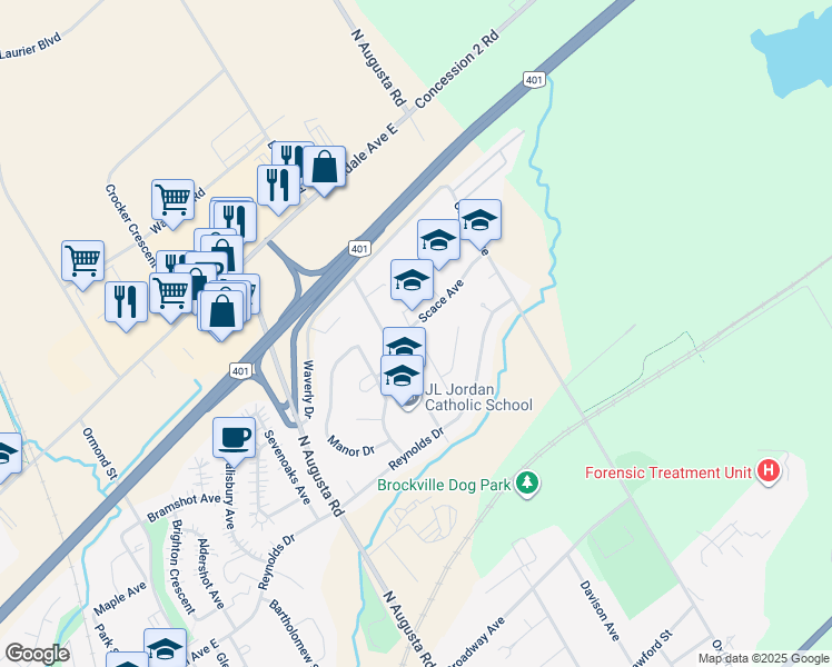 map of restaurants, bars, coffee shops, grocery stores, and more near 7 Scace Avenue in Brockville