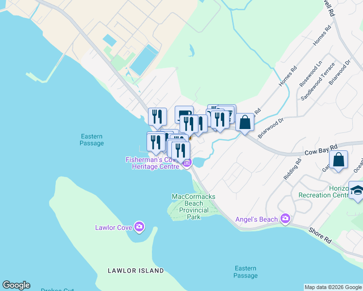 map of restaurants, bars, coffee shops, grocery stores, and more near 1516 Shore Road in Eastern Passage