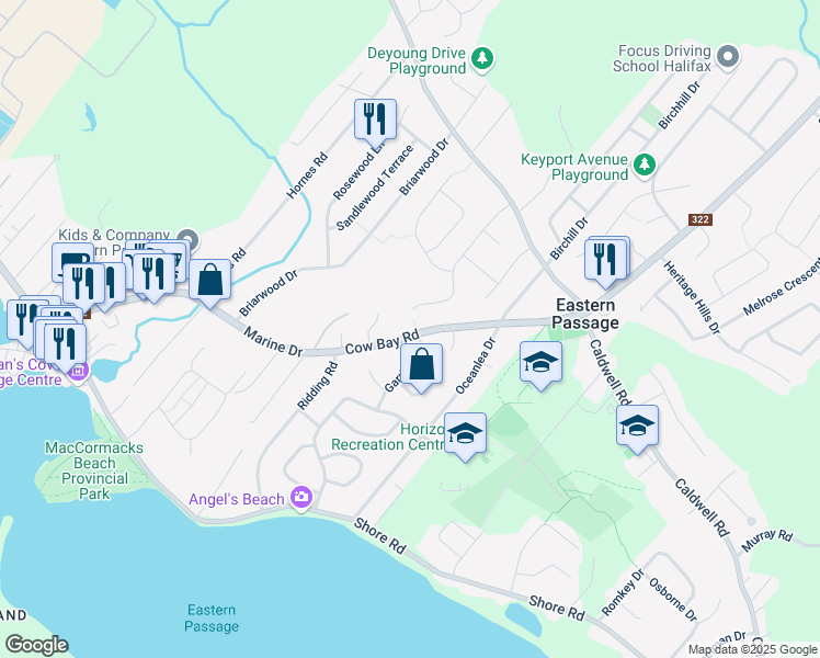map of restaurants, bars, coffee shops, grocery stores, and more near in Eastern Passage