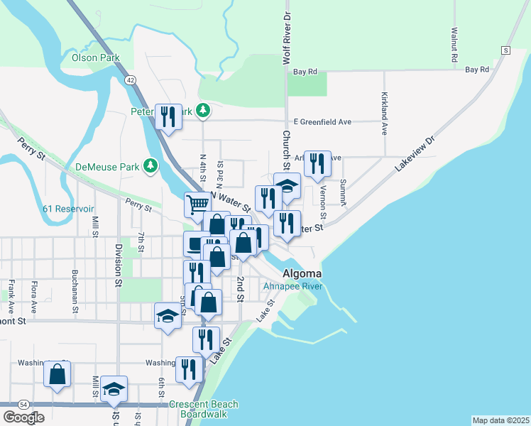 map of restaurants, bars, coffee shops, grocery stores, and more near 201 North Water Street in Algoma