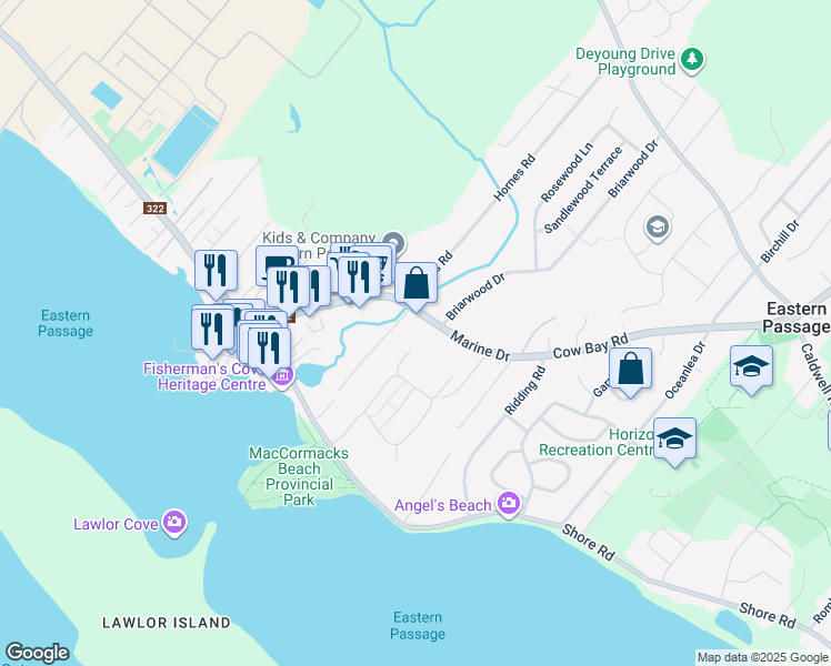 map of restaurants, bars, coffee shops, grocery stores, and more near 111 Cow Bay Road in Eastern Passage