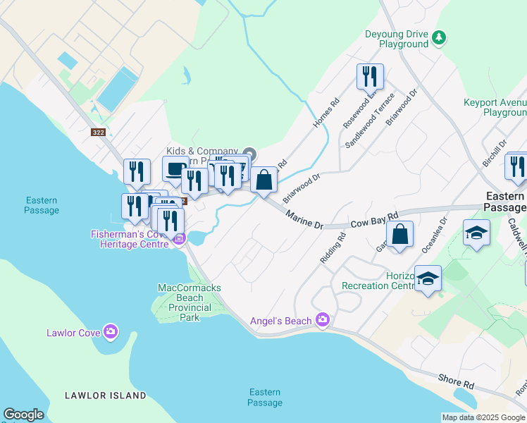 map of restaurants, bars, coffee shops, grocery stores, and more near 111 Cow Bay Road in Eastern Passage