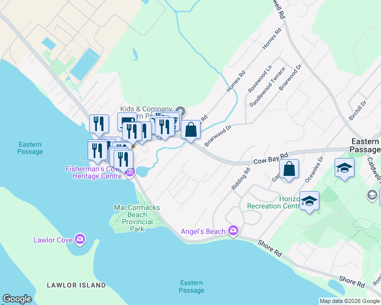 map of restaurants, bars, coffee shops, grocery stores, and more near 121 Cow Bay Road in Eastern Passage