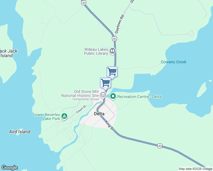 map of restaurants, bars, coffee shops, grocery stores, and more near 34 King Street in Delta