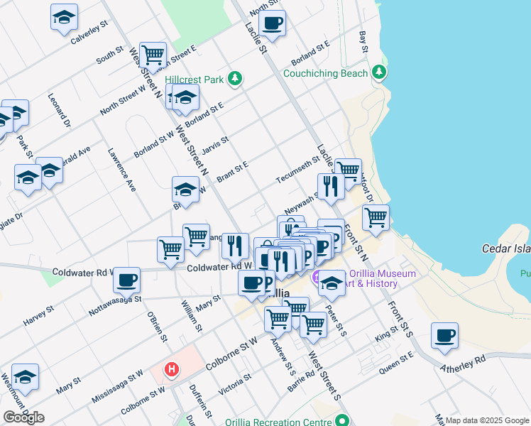 map of restaurants, bars, coffee shops, grocery stores, and more near 99 Peter Street North in Orillia