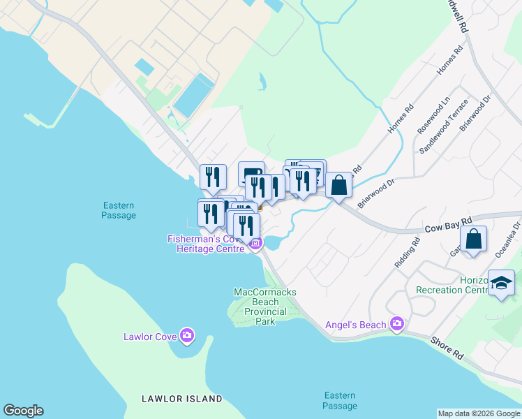 map of restaurants, bars, coffee shops, grocery stores, and more near 1516 Shore Road in Eastern Passage