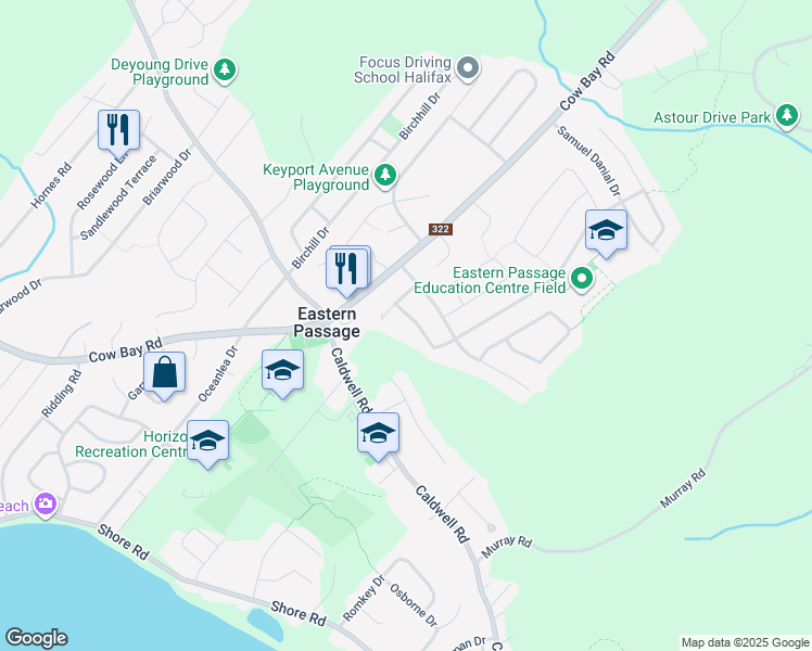 map of restaurants, bars, coffee shops, grocery stores, and more near 11 Melrose Crescent in Eastern Passage