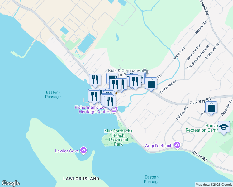 map of restaurants, bars, coffee shops, grocery stores, and more near 19 Cow Bay Road in Eastern Passage
