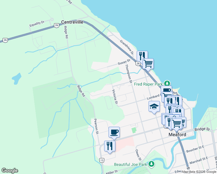 map of restaurants, bars, coffee shops, grocery stores, and more near 78 Victoria Street in Meaford