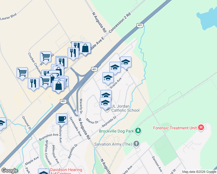 map of restaurants, bars, coffee shops, grocery stores, and more near 14 Scace Avenue in Brockville