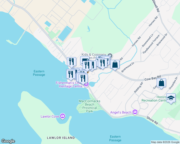 map of restaurants, bars, coffee shops, grocery stores, and more near 19 Cow Bay Road in Eastern Passage