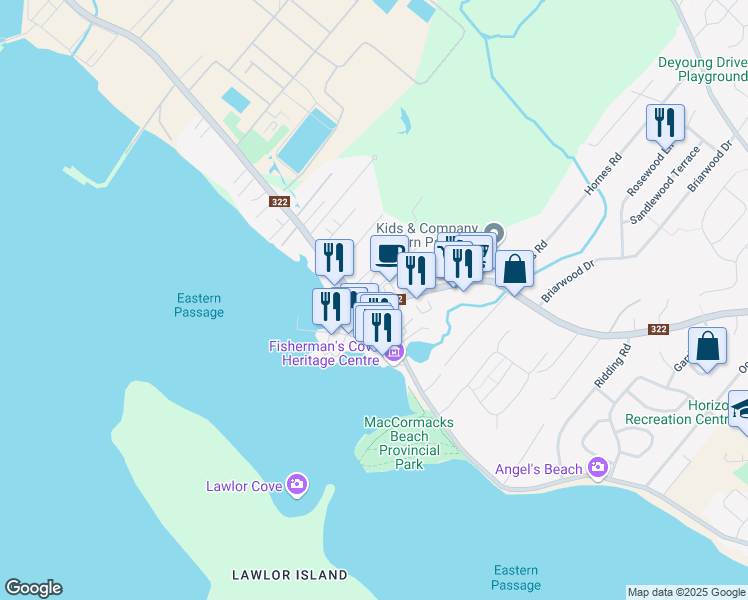 map of restaurants, bars, coffee shops, grocery stores, and more near 2 Cow Bay Road in Eastern Passage