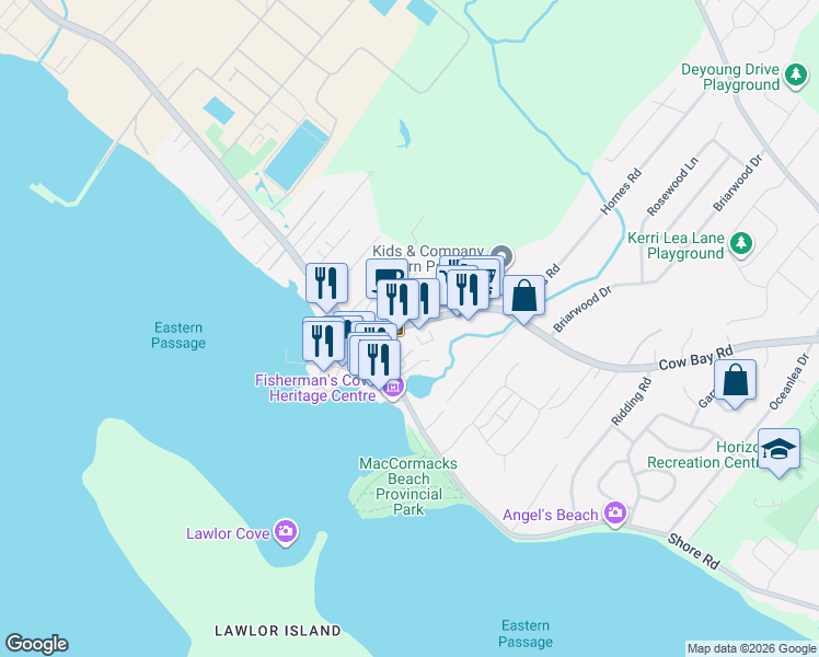 map of restaurants, bars, coffee shops, grocery stores, and more near 25 Cow Bay Road in Eastern Passage