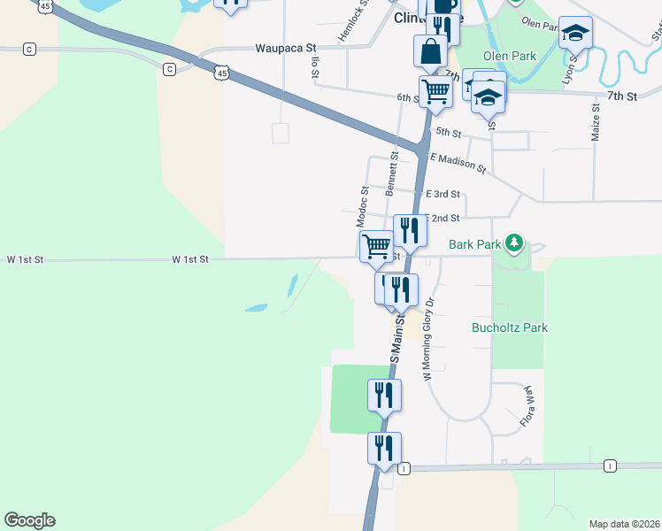map of restaurants, bars, coffee shops, grocery stores, and more near E9103 West 1st Street in Clintonville
