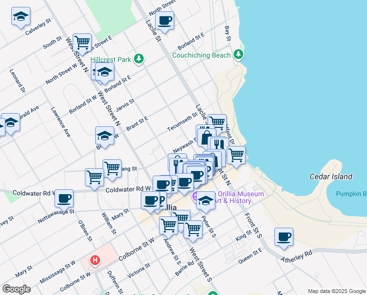 map of restaurants, bars, coffee shops, grocery stores, and more near 67 Neywash Street in Orillia