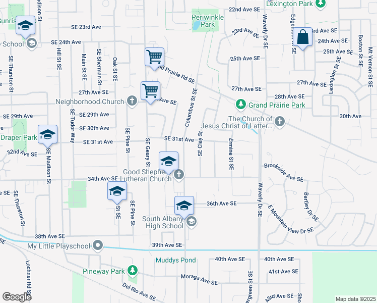map of restaurants, bars, coffee shops, grocery stores, and more near 3209 Southeast Columbus Street in Albany