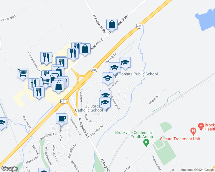 map of restaurants, bars, coffee shops, grocery stores, and more near 7 Scace Avenue in Brockville