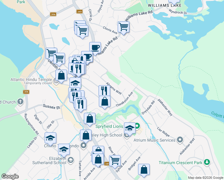 map of restaurants, bars, coffee shops, grocery stores, and more near 78 Abrams Way in Halifax