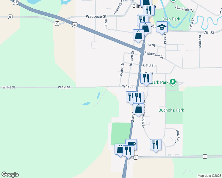 map of restaurants, bars, coffee shops, grocery stores, and more near E9103 West 1st Street in Clintonville