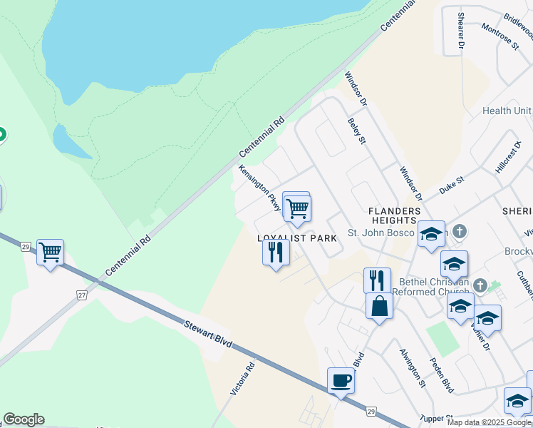 map of restaurants, bars, coffee shops, grocery stores, and more near Cunningham Crescent in Brockville