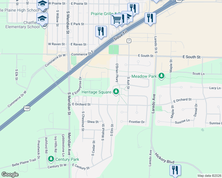 map of restaurants, bars, coffee shops, grocery stores, and more near 501 Haralson Drive in Belle Plaine