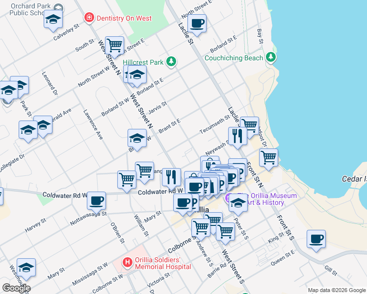 map of restaurants, bars, coffee shops, grocery stores, and more near 29 Tecumseth Street in Orillia