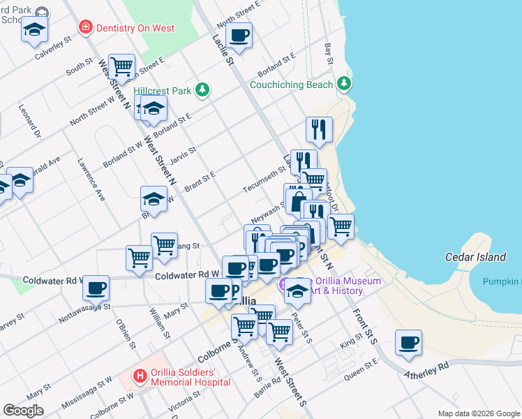 map of restaurants, bars, coffee shops, grocery stores, and more near 66 Neywash Street in Orillia