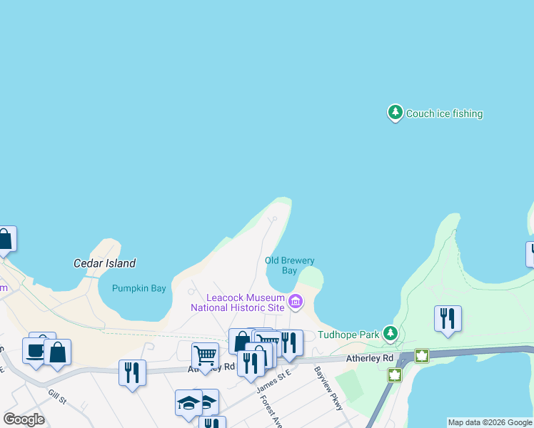 map of restaurants, bars, coffee shops, grocery stores, and more near 376 Brewery Lane in Orillia