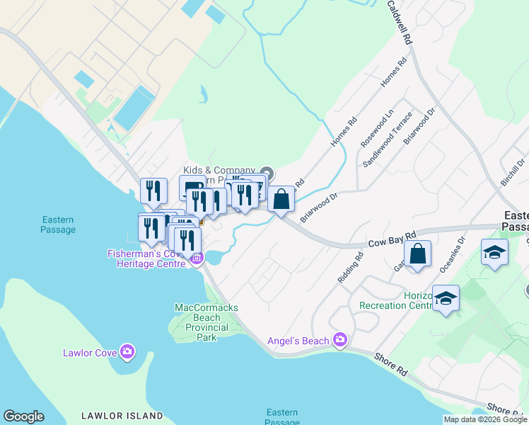 map of restaurants, bars, coffee shops, grocery stores, and more near 93 Cow Bay Road in Eastern Passage